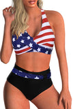 LC431420-22-S, LC431420-22-M, LC431420-22-L, LC431420-22-XL, Multicolor American Flag Print Criss Cross Bikini Swimwear