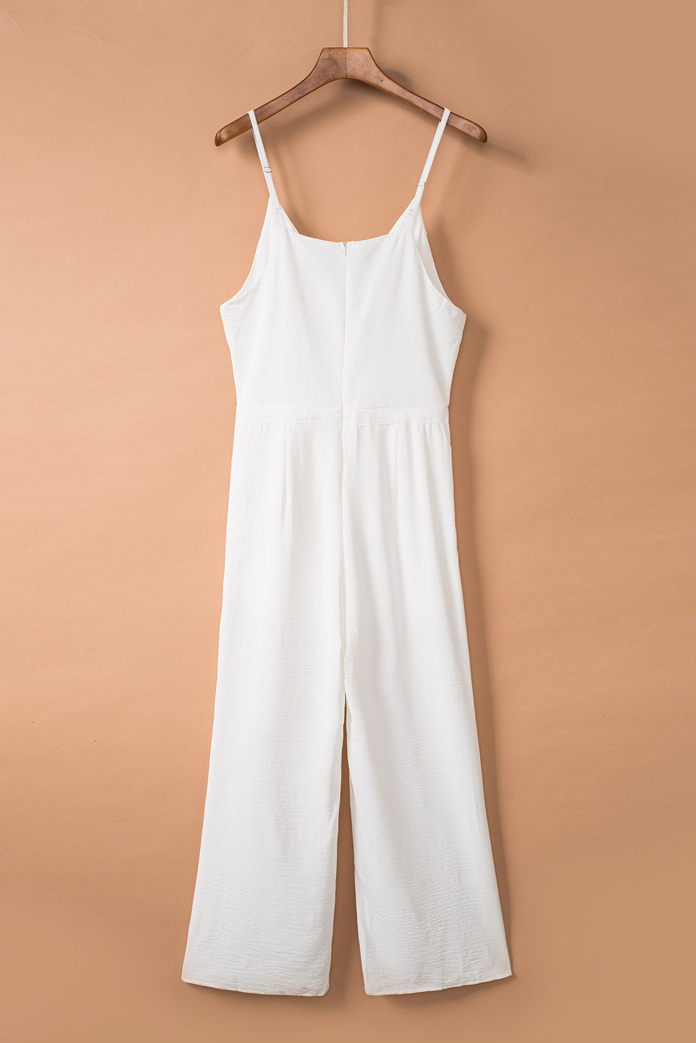 LC643831-1-S, LC643831-1-M, LC643831-1-L, LC643831-1-XL, LC643831-1-XS, White Solid Spaghetti Strap Wide Leg Drawstring High Waist Jumpsuit