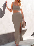 LC63830-17-S, LC63830-17-M, LC63830-17-L, LC63830-17-XL, LC63830-17-XS, Brown Women's Knit 2 Piece Dress Cami Crop Top High Side Slit Bodycon Long Skirt Set