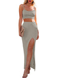 LC63830-11-S, LC63830-11-M, LC63830-11-L, LC63830-11-XL, LC63830-11-XS, Grey Women's Knit 2 Piece Dress Cami Crop Top High Side Slit Bodycon Long Skirt Set
