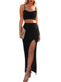 LC63830-2-S, LC63830-2-M, LC63830-2-L, LC63830-2-XL, LC63830-2-XS, Black Women's Knit 2 Piece Dress Cami Crop Top High Side Slit Bodycon Long Skirt Set