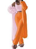 Womens Sexy 3 Piece Outfits Fuzzy Cardigan Crop Top Long Pants Set Loungewear