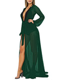 Long Sleeve Sheer Mesh Maxi Beach Cover Up For Women