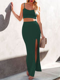 LC63830-9-S, LC63830-9-M, LC63830-9-L, LC63830-9-XL, LC63830-9-XS, Green Women's Knit 2 Piece Dress Cami Crop Top High Side Slit Bodycon Long Skirt Set