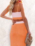 LC63830-14-S, LC63830-14-M, LC63830-14-L, LC63830-14-XL, LC63830-14-XS, Orange Women's Knit 2 Piece Dress Cami Crop Top High Side Slit Bodycon Long Skirt Set
