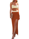 LC63830-1017-S, LC63830-1017-M, LC63830-1017-L, LC63830-1017-XL, LC63830-1017-XS, Brown Women's Knit 2 Piece Dress Cami Crop Top High Side Slit Bodycon Long Skirt Set