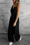 LC643831-2-S, LC643831-2-M, LC643831-2-L, LC643831-2-XL, LC643831-2-XS, Black Solid Spaghetti Strap Wide Leg Drawstring High Waist Jumpsuit