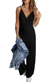 LC643831-2-S, LC643831-2-M, LC643831-2-L, LC643831-2-XL, LC643831-2-XS, Black Solid Spaghetti Strap Wide Leg Drawstring High Waist Jumpsuit