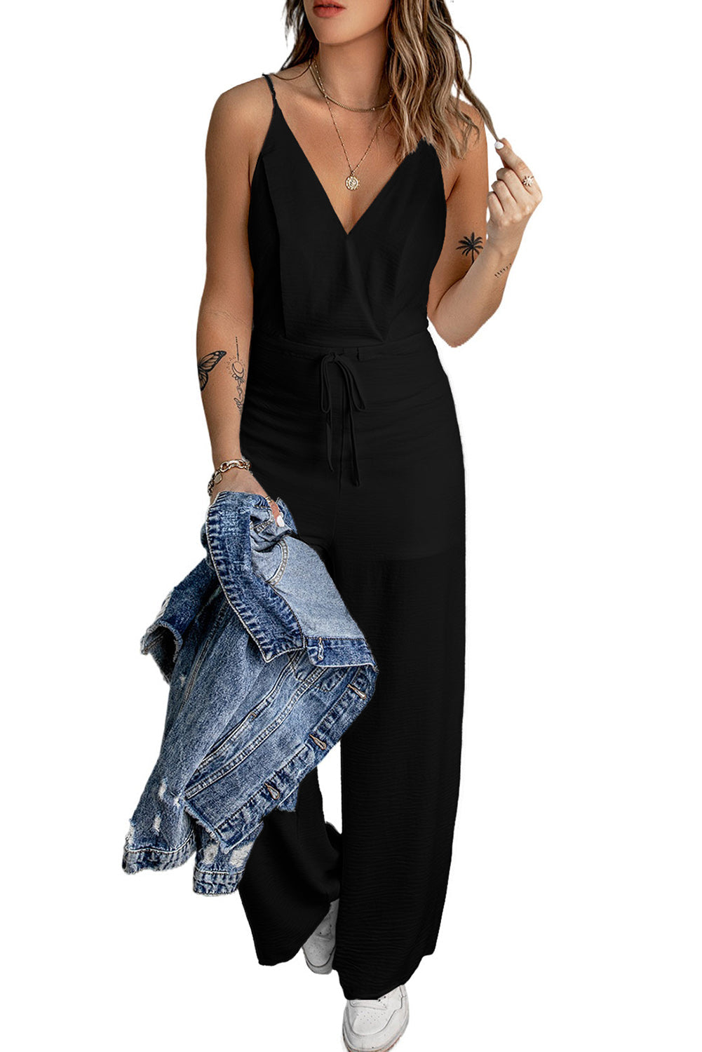 LC643831-2-S, LC643831-2-M, LC643831-2-L, LC643831-2-XL, LC643831-2-XS, Black Solid Spaghetti Strap Wide Leg Drawstring High Waist Jumpsuit