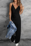 LC643831-2-S, LC643831-2-M, LC643831-2-L, LC643831-2-XL, LC643831-2-XS, Black Solid Spaghetti Strap Wide Leg Drawstring High Waist Jumpsuit