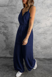 LC643831-5-S, LC643831-5-M, LC643831-5-L, LC643831-5-XL, LC643831-5-XS, Blue Solid Spaghetti Strap Wide Leg Drawstring High Waist Jumpsuit