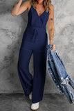 LC643831-5-S, LC643831-5-M, LC643831-5-L, LC643831-5-XL, LC643831-5-XS, Blue Solid Spaghetti Strap Wide Leg Drawstring High Waist Jumpsuit