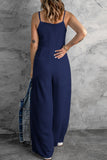 LC643831-5-S, LC643831-5-M, LC643831-5-L, LC643831-5-XL, LC643831-5-XS, Blue Solid Spaghetti Strap Wide Leg Drawstring High Waist Jumpsuit