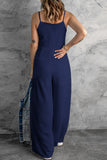 LC643831-5-S, LC643831-5-M, LC643831-5-L, LC643831-5-XL, LC643831-5-XS, Blue Solid Spaghetti Strap Wide Leg Drawstring High Waist Jumpsuit
