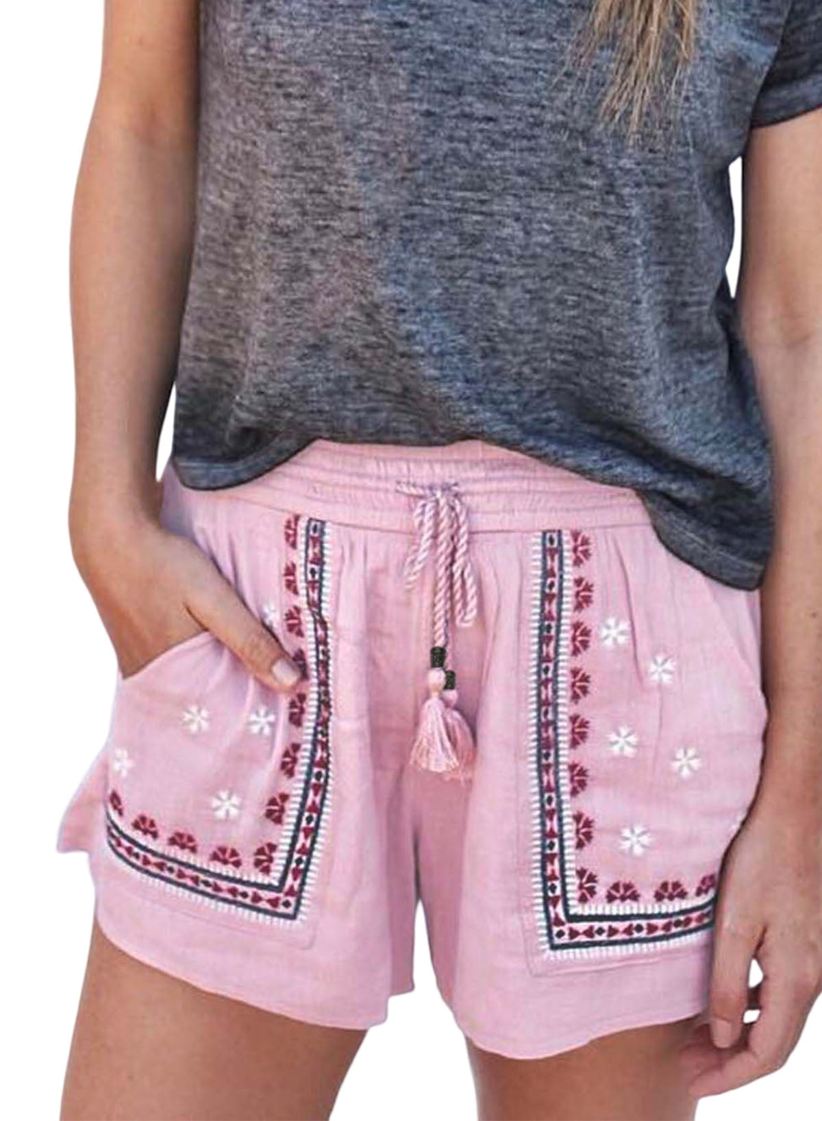 LC731219-10-S, LC731219-10-M, LC731219-10-L, LC731219-10-XL, Pink Boho Embroidered Floral Tasseled Drawstring Waist Casual Shorts