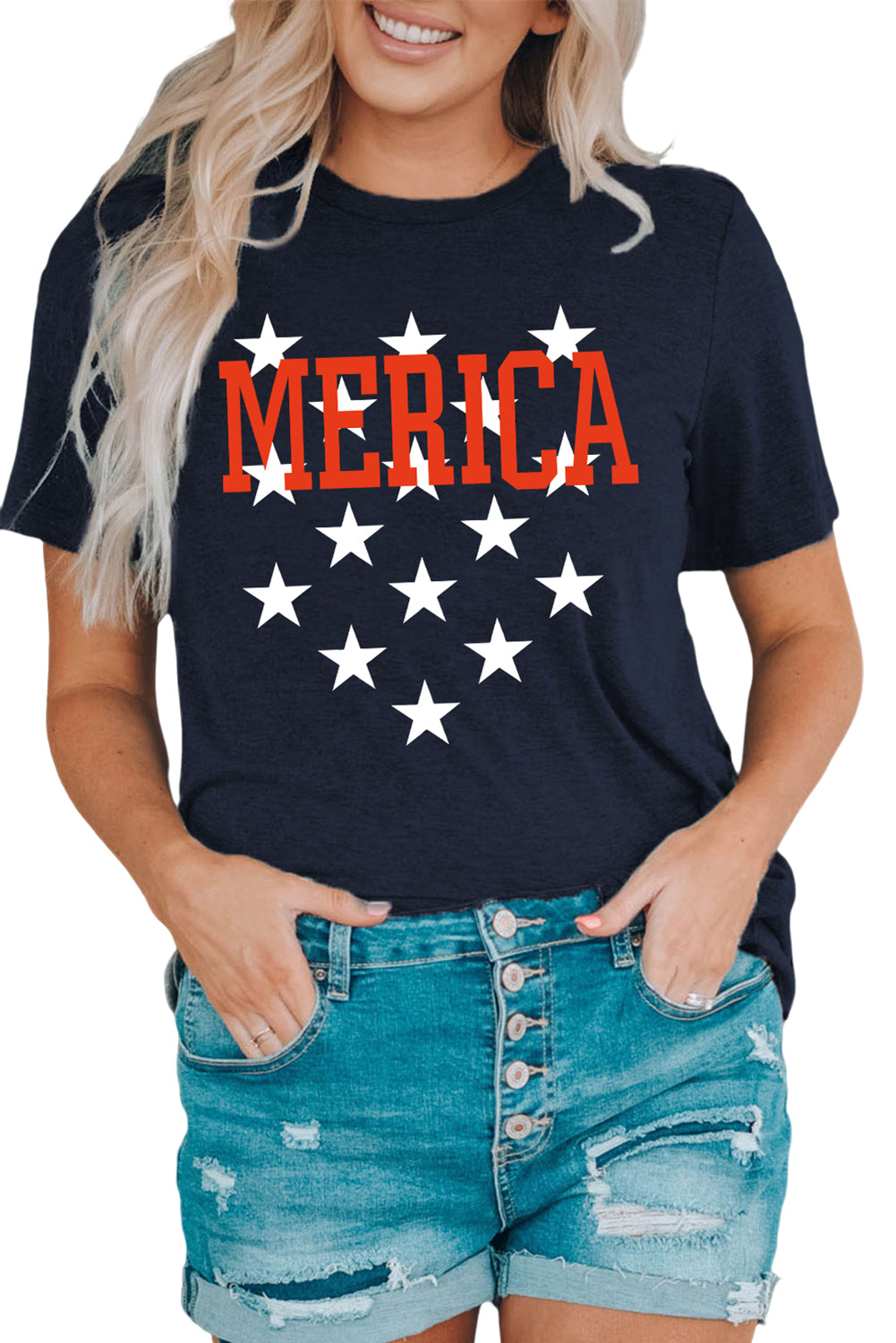 LC25221221-5-S, LC25221221-5-M, LC25221221-5-L, LC25221221-5-XL, LC25221221-5-2XL, Blue MERICA Star Print Short Sleeve Graphic Tee
