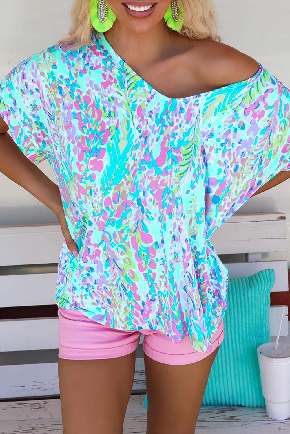 Women's Casual Loose Short Sleeve Tee Painted Floral Blouse Shirt