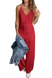 LC643831-3-S, LC643831-3-M, LC643831-3-L, LC643831-3-XL, LC643831-3-XS, Red Solid Spaghetti Strap Wide Leg Drawstring High Waist Jumpsuit