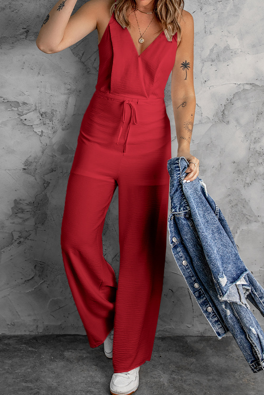 LC643831-3-S, LC643831-3-M, LC643831-3-L, LC643831-3-XL, LC643831-3-XS, Red Solid Spaghetti Strap Wide Leg Drawstring High Waist Jumpsuit