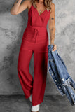 LC643831-3-S, LC643831-3-M, LC643831-3-L, LC643831-3-XL, LC643831-3-XS, Red Solid Spaghetti Strap Wide Leg Drawstring High Waist Jumpsuit