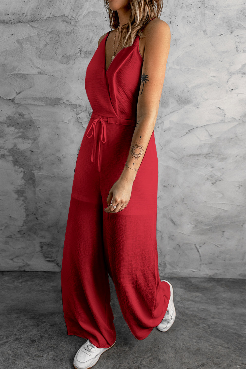 LC643831-3-S, LC643831-3-M, LC643831-3-L, LC643831-3-XL, LC643831-3-XS, Red Solid Spaghetti Strap Wide Leg Drawstring High Waist Jumpsuit