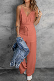 LC643831-10-S, LC643831-10-M, LC643831-10-L, LC643831-10-XL, LC643831-10-XS, Pink Solid Spaghetti Strap Wide Leg Drawstring High Waist Jumpsuit