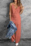 LC643831-10-S, LC643831-10-M, LC643831-10-L, LC643831-10-XL, LC643831-10-XS, Pink Solid Spaghetti Strap Wide Leg Drawstring High Waist Jumpsuit