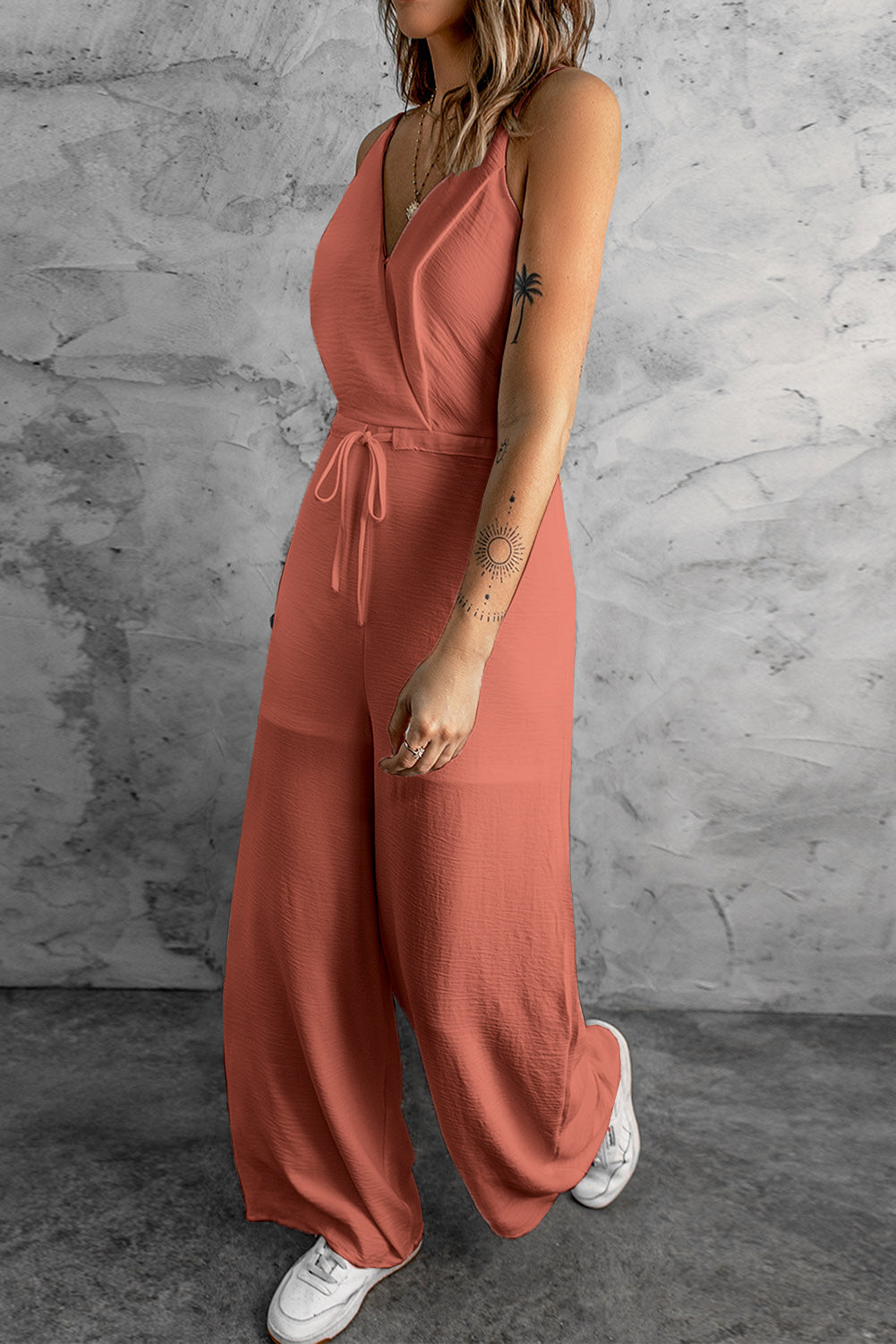 LC643831-10-S, LC643831-10-M, LC643831-10-L, LC643831-10-XL, LC643831-10-XS, Pink Solid Spaghetti Strap Wide Leg Drawstring High Waist Jumpsuit