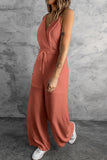 LC643831-10-S, LC643831-10-M, LC643831-10-L, LC643831-10-XL, LC643831-10-XS, Pink Solid Spaghetti Strap Wide Leg Drawstring High Waist Jumpsuit