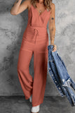 LC643831-10-S, LC643831-10-M, LC643831-10-L, LC643831-10-XL, LC643831-10-XS, Pink Solid Spaghetti Strap Wide Leg Drawstring High Waist Jumpsuit