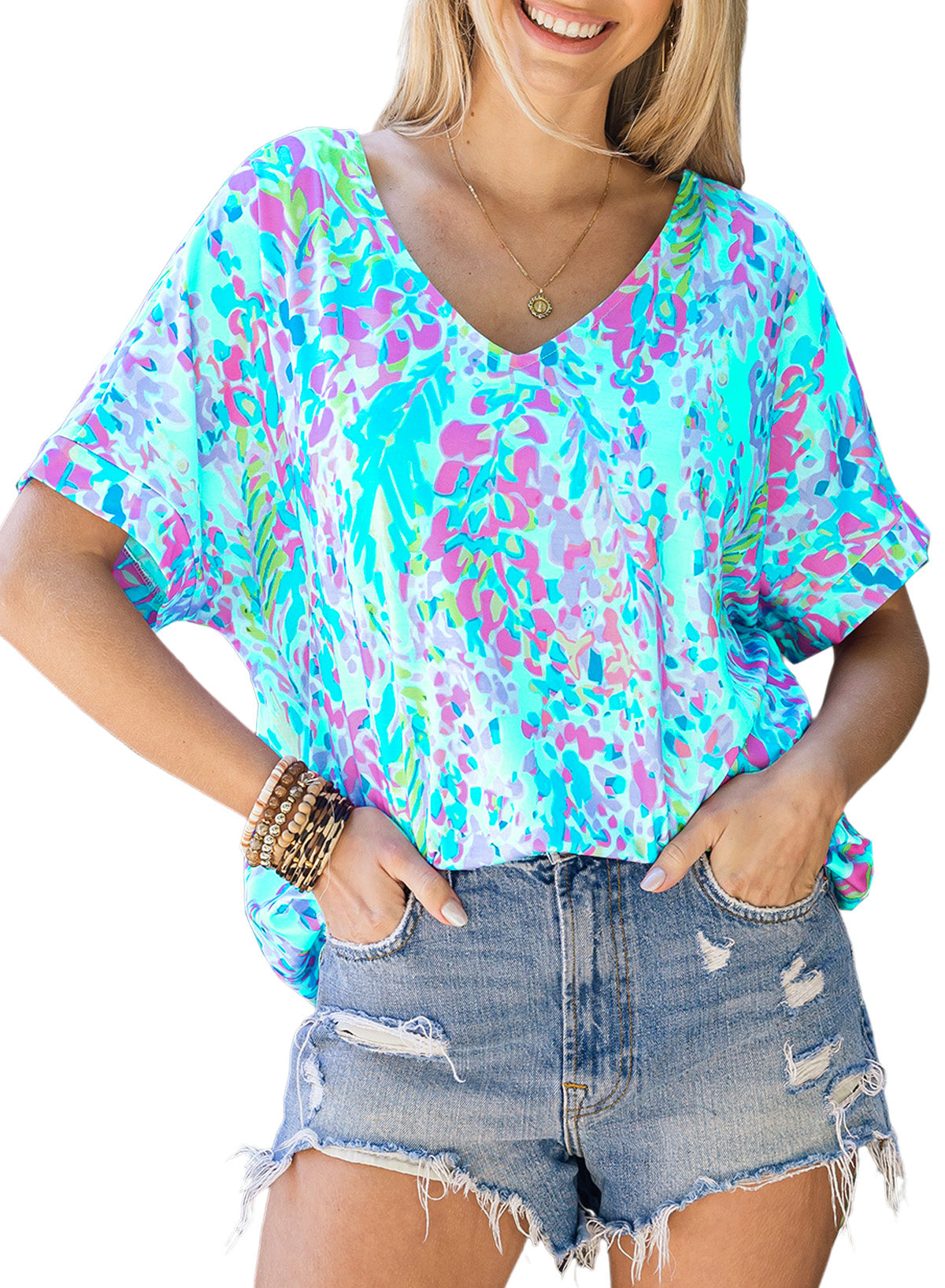 Women's Casual Loose Short Sleeve Tee Painted Floral Blouse Shirt