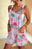 Women's Flamingo Leaf Flower Print Casual Rompers with Pockets