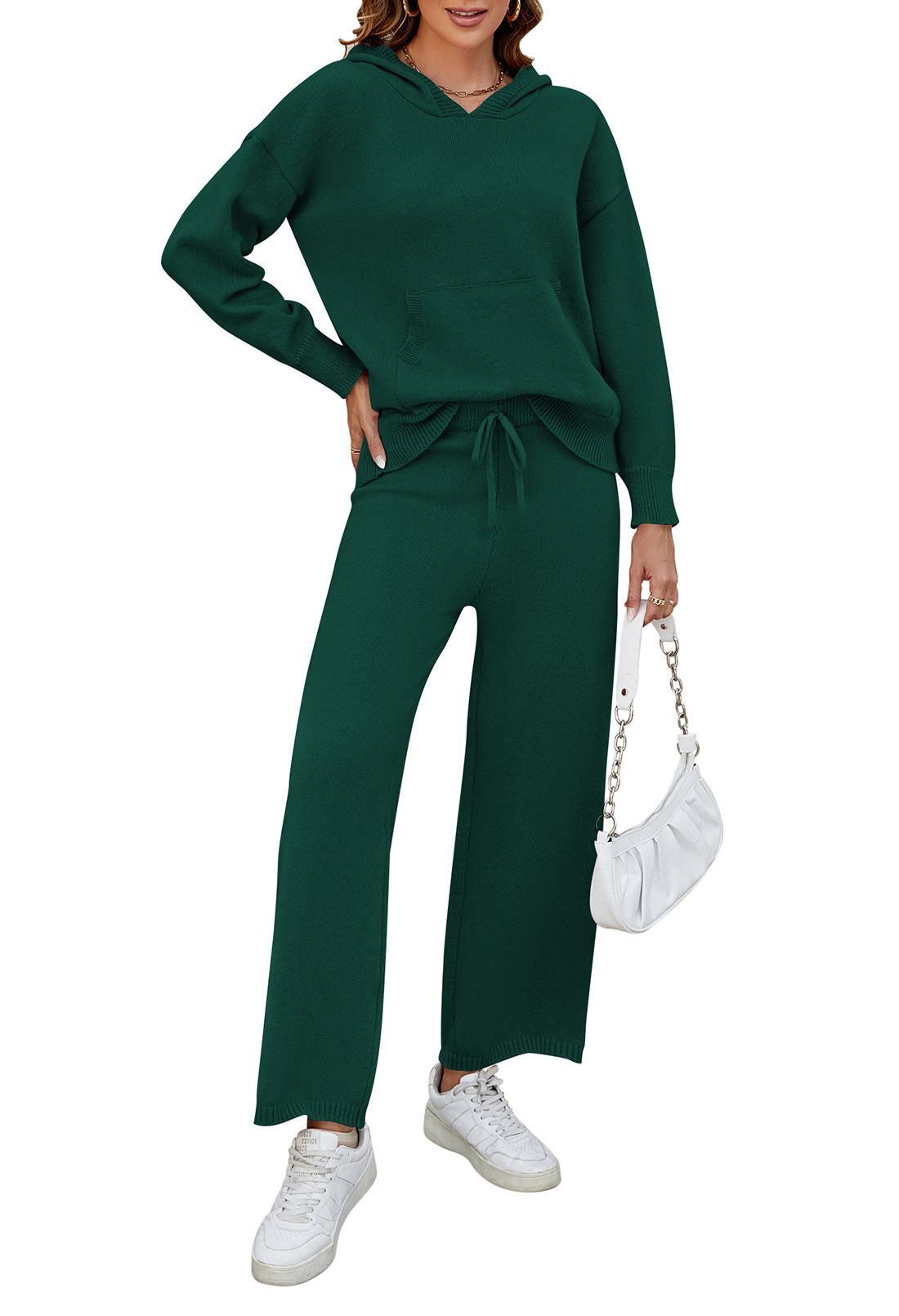 Women's Two Piece Sweater Outfits Set Loose Fit Hoodie Top Wide Leg Pants