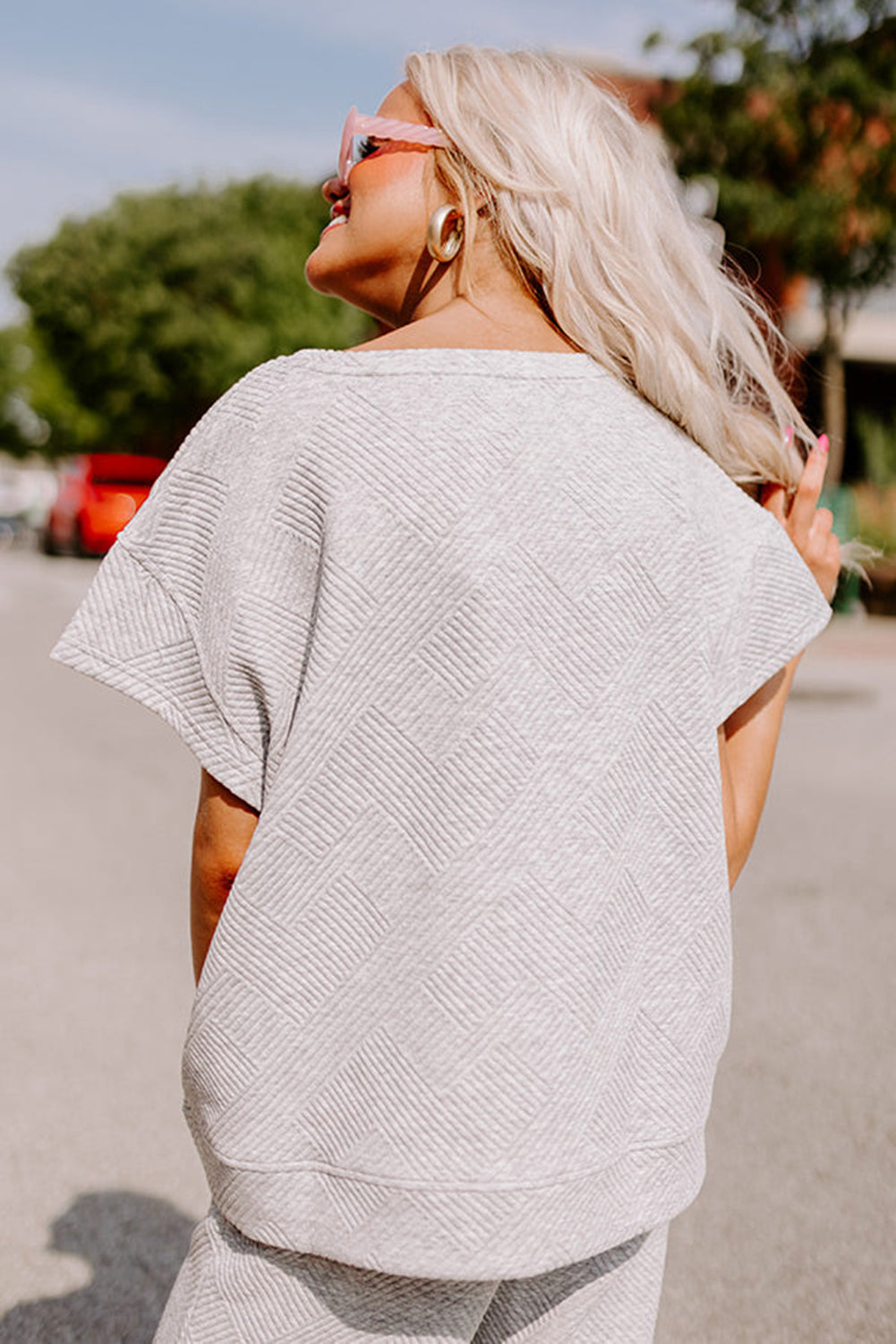 LC625264-11-S, LC625264-11-M, LC625264-11-L, LC625264-11-XL, LC625264-11-2XL, Gray Textured Loose Fit T Shirt and Drawstring Pants Set