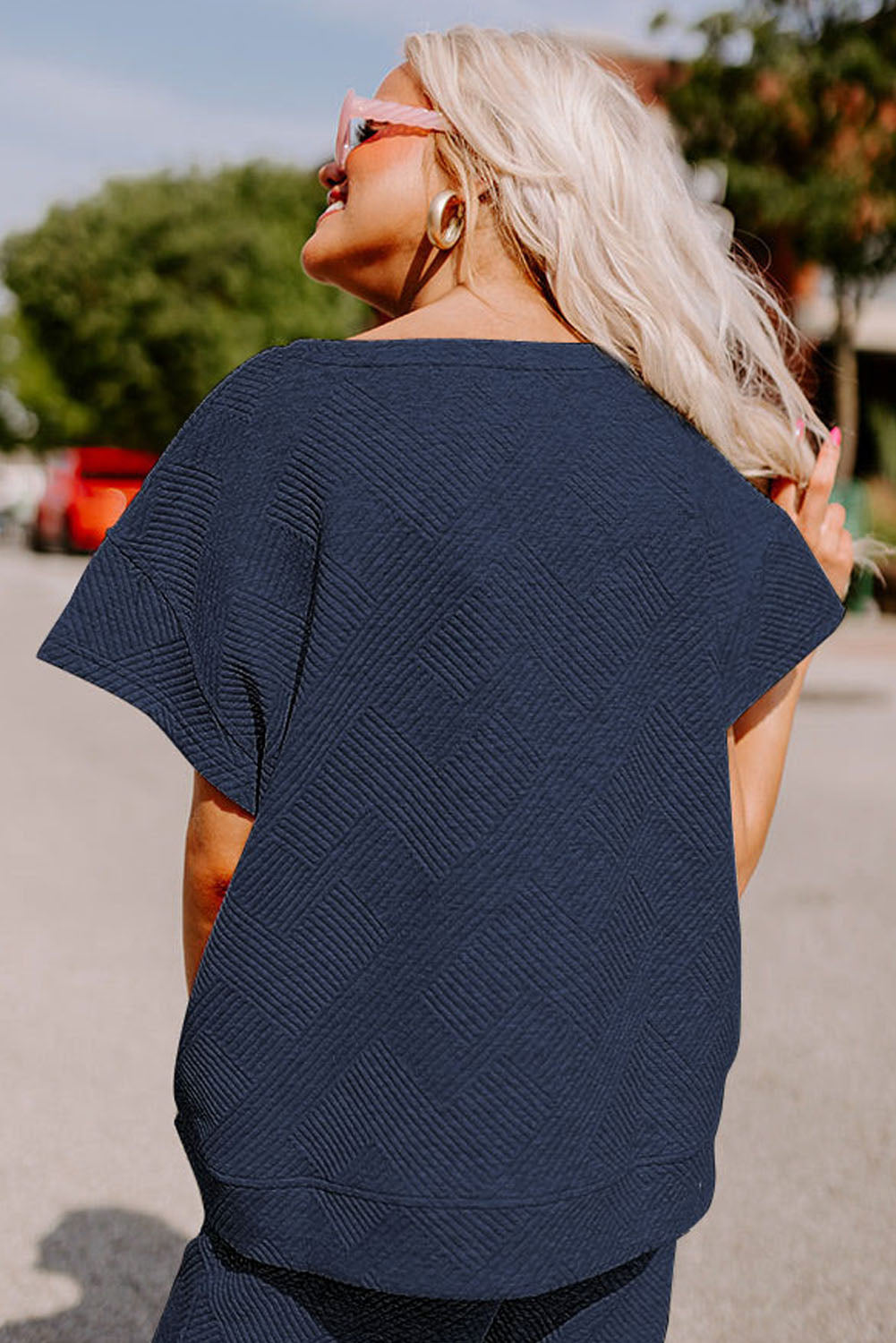 LC625264-P605-S, LC625264-P605-M, LC625264-P605-L, LC625264-P605-XL, LC625264-P605-2XL, Navy Blue Textured Loose Fit T Shirt and Drawstring Pants Set