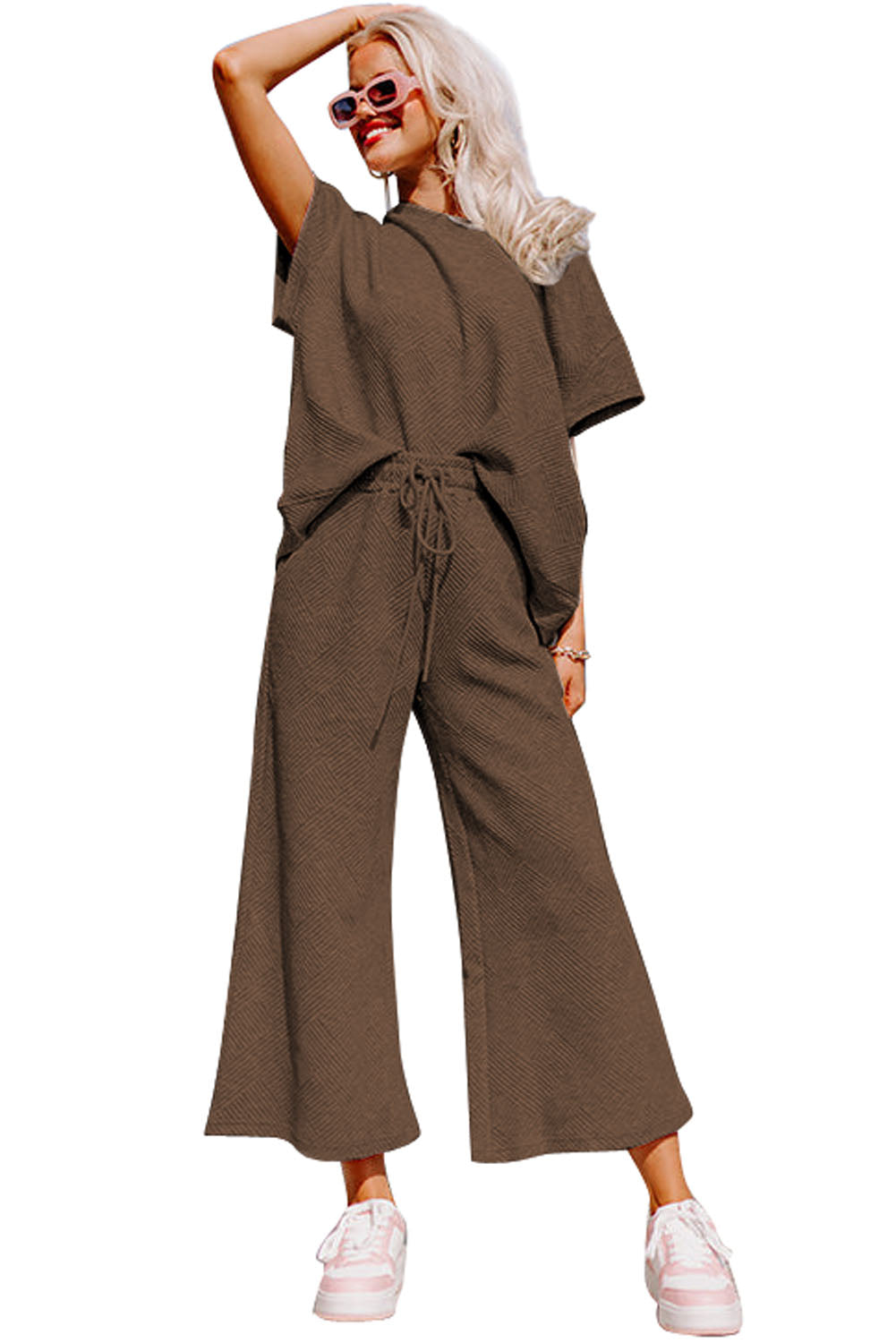 LC625264-17-S, LC625264-17-M, LC625264-17-L, LC625264-17-XL, LC625264-17-2XL, Brown Textured Loose Fit T Shirt and Drawstring Pants Set
