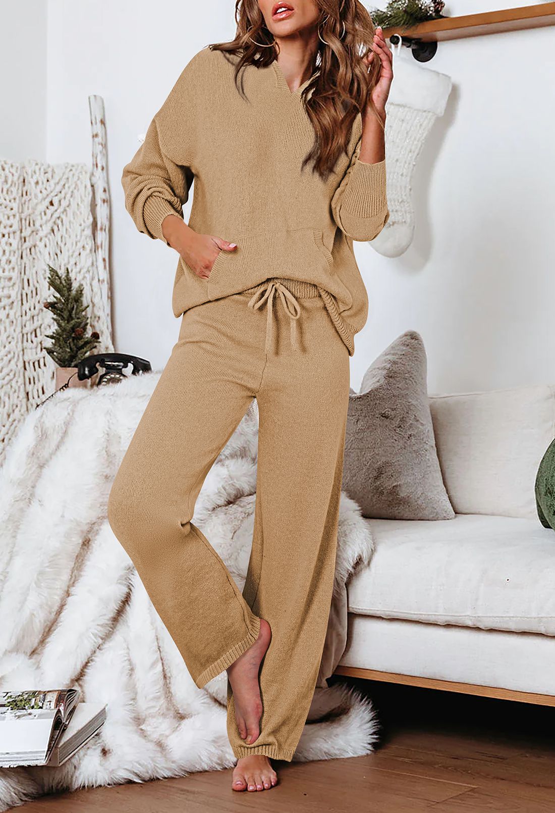 Women's Two Piece Sweater Outfits Set Loose Fit Hoodie Top Wide Leg Pants