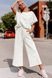 LC625264-P1-S, LC625264-P1-M, LC625264-P1-L, LC625264-P1-XL, LC625264-P1-2XL, Bright White Textured Loose Fit T Shirt and Drawstring Pants Set