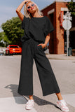 LC625264-2-S, LC625264-2-M, LC625264-2-L, LC625264-2-XL, LC625264-2-2XL, Black Textured Loose Fit T Shirt and Drawstring Pants Set