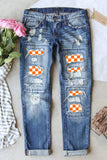 Women's Orange Plaid Graphic Ripped Holes Low Rise Casual Jeans