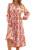 LC6117560-22-S, LC6117560-22-M, LC6117560-22-L, LC6117560-22-XL, Multicolor Boho Floral Collared Long Sleeve Ruffled Dress