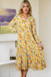 LC6117560-P7-S, LC6117560-P7-M, LC6117560-P7-L, LC6117560-P7-XL, Yellow Boho Floral Collared Long Sleeve Ruffled Dress