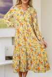 LC6117560-P7-S, LC6117560-P7-M, LC6117560-P7-L, LC6117560-P7-XL, Yellow Boho Floral Collared Long Sleeve Ruffled Dress
