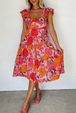 Women's Floral Square Neck Ruffled Flutter Sleeve Tiered Midi Dress with Pockets
