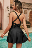LC443825-P2-S, LC443825-P2-M, LC443825-P2-L, LC443825-P2-XL, LC443825-P2-2XL, Black Crisscross Straps Tie Back Flared One Piece Swimsuit