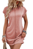 LC6119083-P5010-S, LC6119083-P5010-M, LC6119083-P5010-L, LC6119083-P5010-XL, Rose Pink Center Seam Rolled Cuffs T-shirt Dress