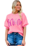 Women Pink Mom Letter Pattern Short Puff Sleeve Sweater