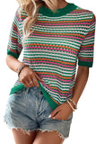Women Striped Pattern Contrast Trim Pointelle Knit T Shirt