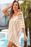 LC422249-P1, White Striped Crochet Loose Fit V Neck Beach Cover Up