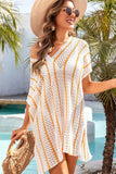 LC422249-P1, White Striped Crochet Loose Fit V Neck Beach Cover Up